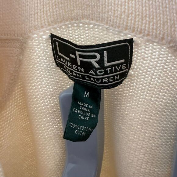 L-RL Ralph Lauren Half-Zip Sweater M Cream Cotton Drawstring Collar Textured Kni - Picture 4 of 5